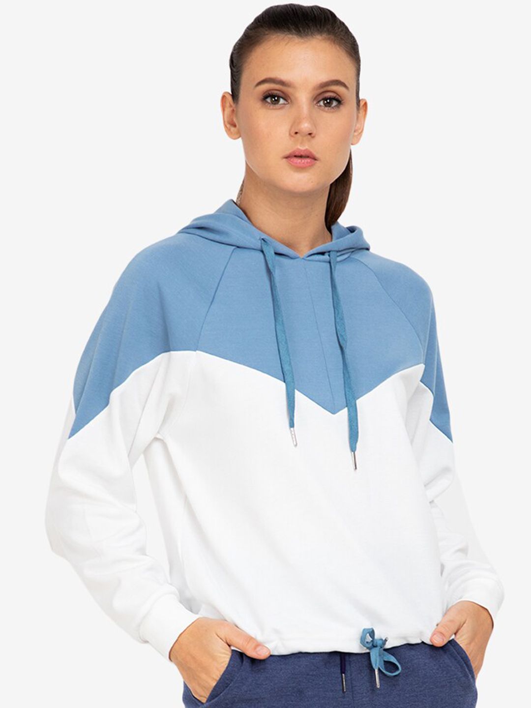 ZALORA ACTIVE White & Blue Colourblocked Hooded Sweatshirt Price in India