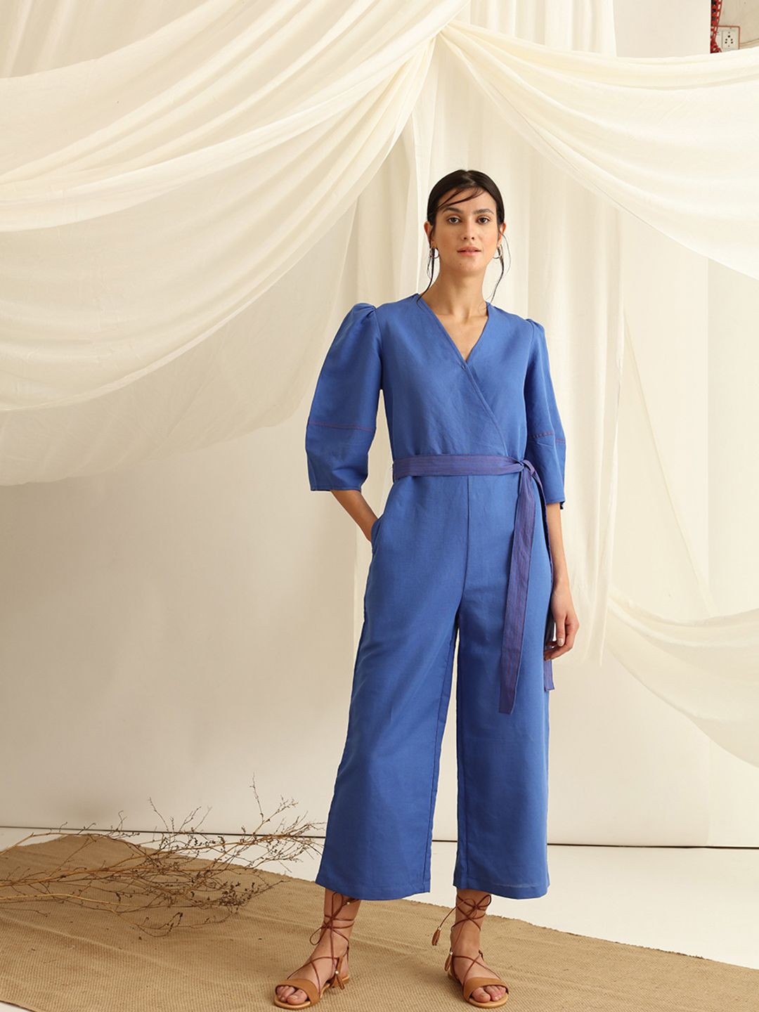blue hour Women Blue & Pink Solid V-Neck Cotton Culotte Jumpsuit