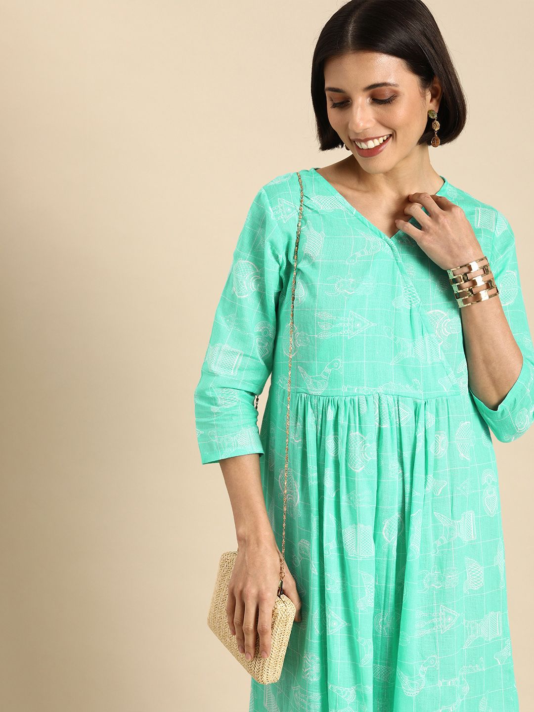 Anouk Women Sea Green Abstract Print Pure Cotton Casual Midi Dress Price in India