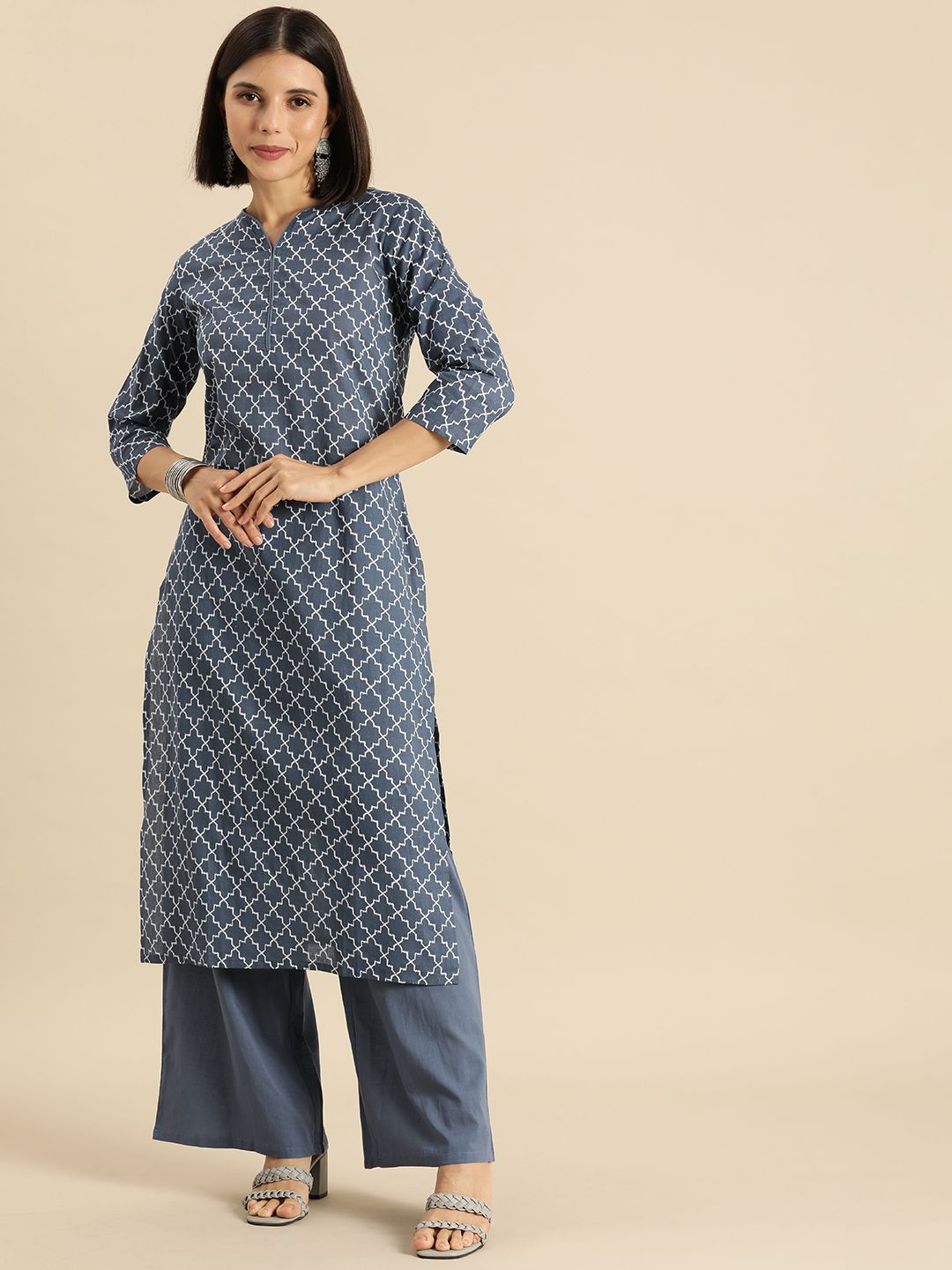 Anouk Women Blue & White Printed Pure Cotton Kurta Set Price in India