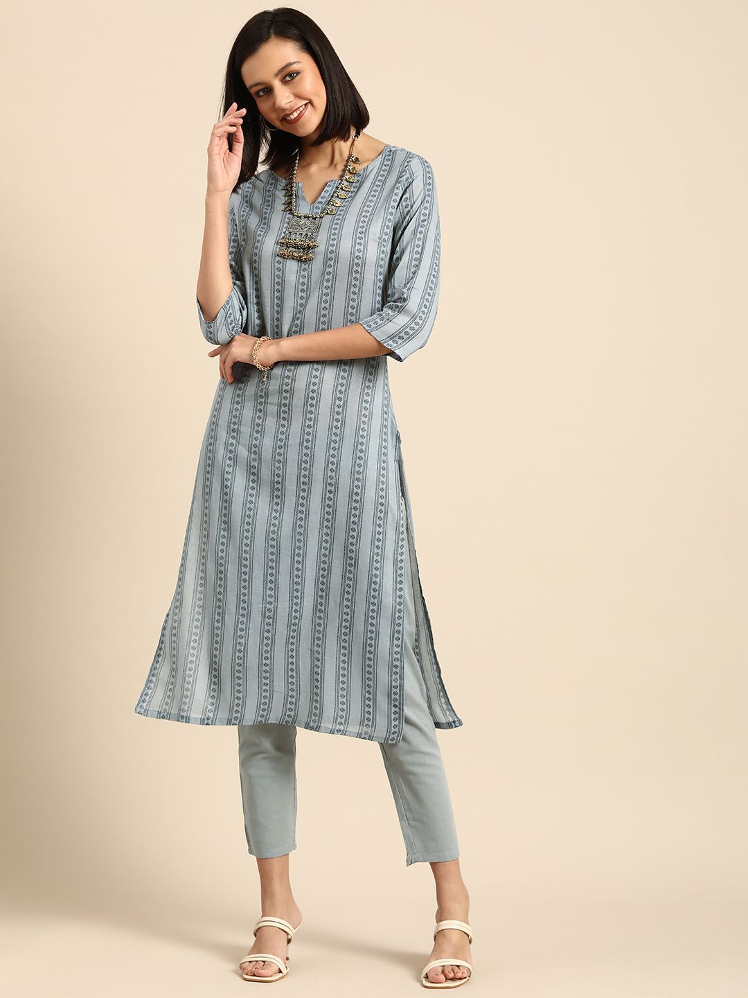 Anouk Women Blue Printed Pure Cotton Kurta with Trousers Price in India