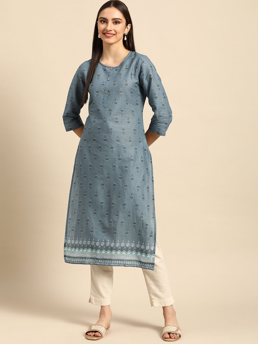 Anouk Women Blue Ethnic Motifs Printed Pure Cotton Straight Kurta Price in India