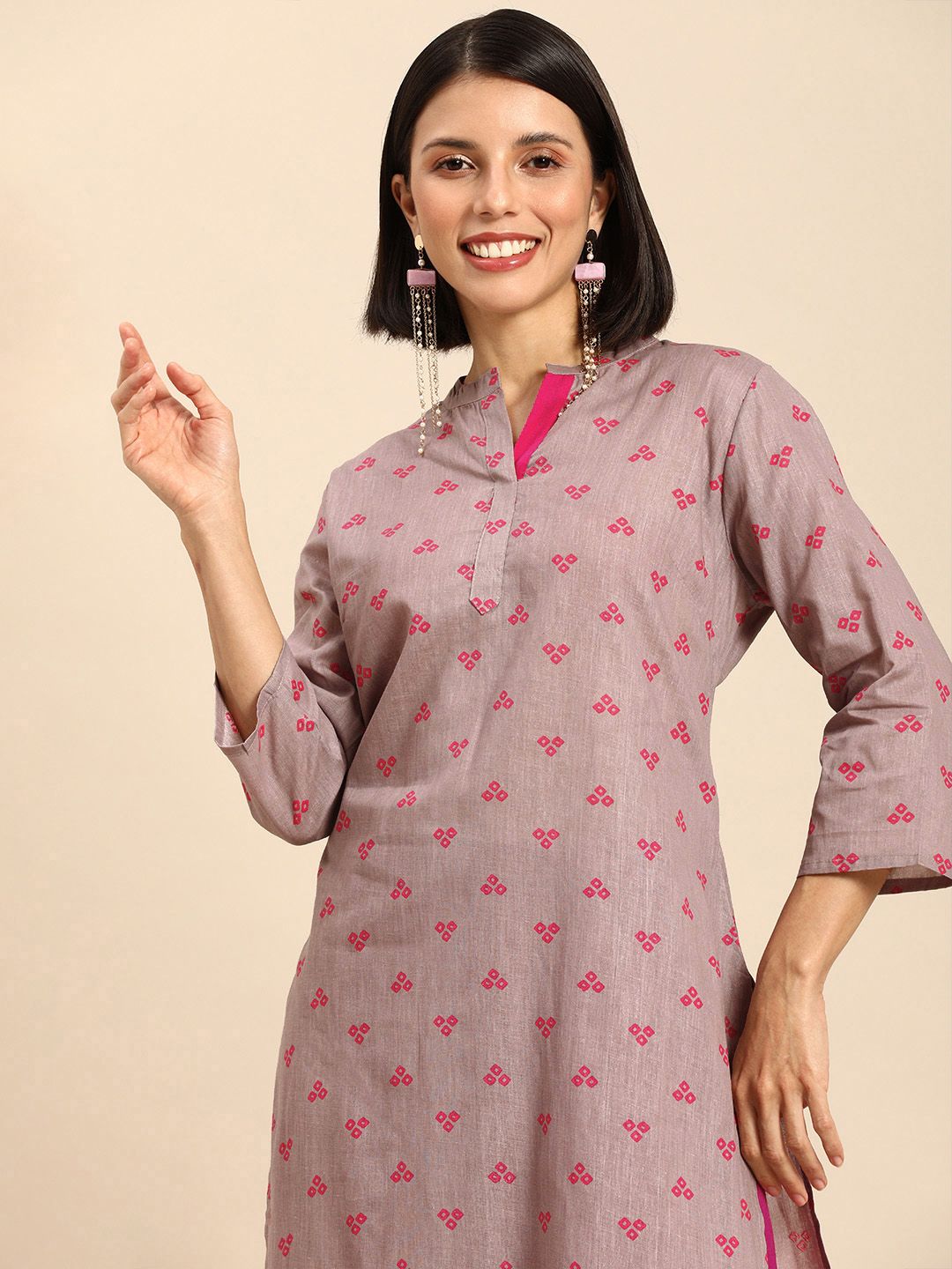 Anouk Women Mauve Pink Bandhani Print Mandarin Collar Pure Cotton Straight Kurta Price in India