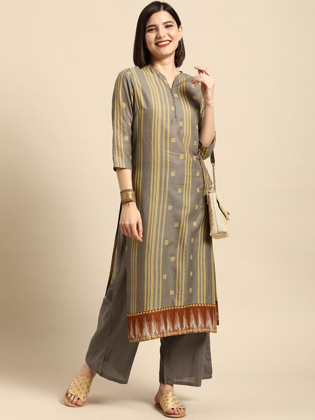 Anouk Women Grey Printed Pure Cotton Kurta with Trousers Price in India