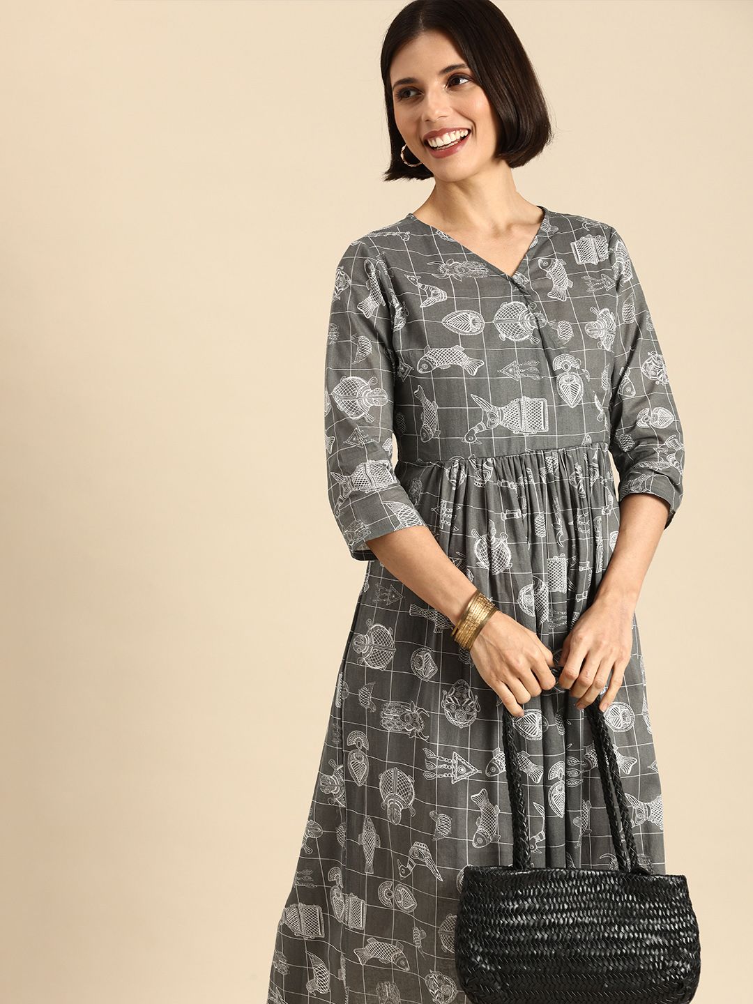 Anouk Women Grey & White Abstract Print Pure Cotton Casual Midi Dress Price in India
