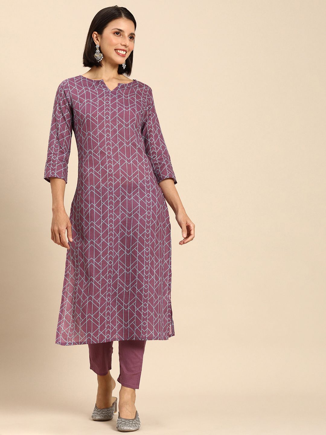 Anouk Women Purple Printed Pure Cotton Kurta with Trousers Price in India