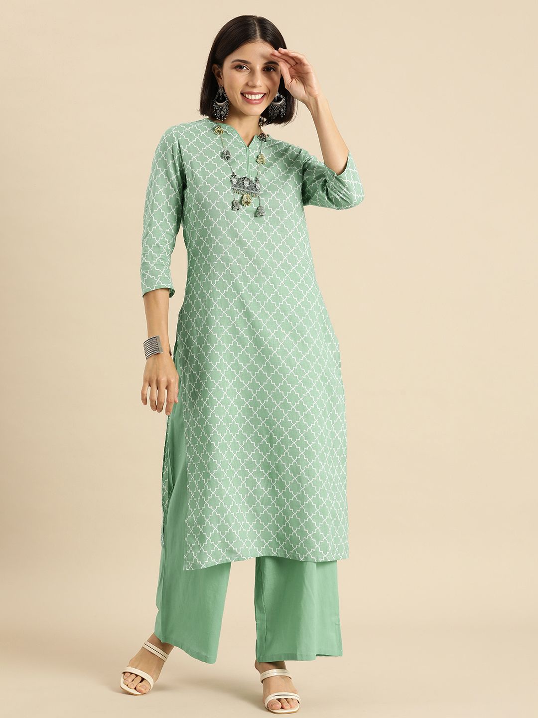 Anouk Women Mint Green & White Printed Pure Cotton Kurta Set