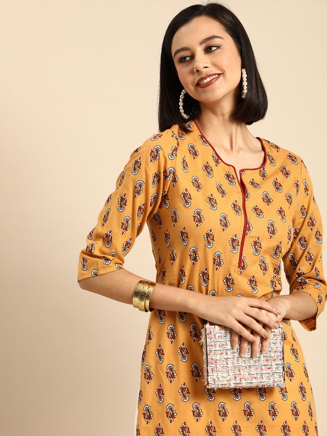 Anouk Women Mustard Yellow Floral Printed Casual Kurta Price in India