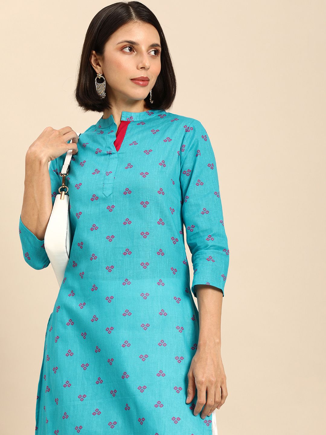 Anouk Women Aqua Blue & Magenta Pink Bandhani Print Mandarin Collar Pure Cotton Kurta Price in India