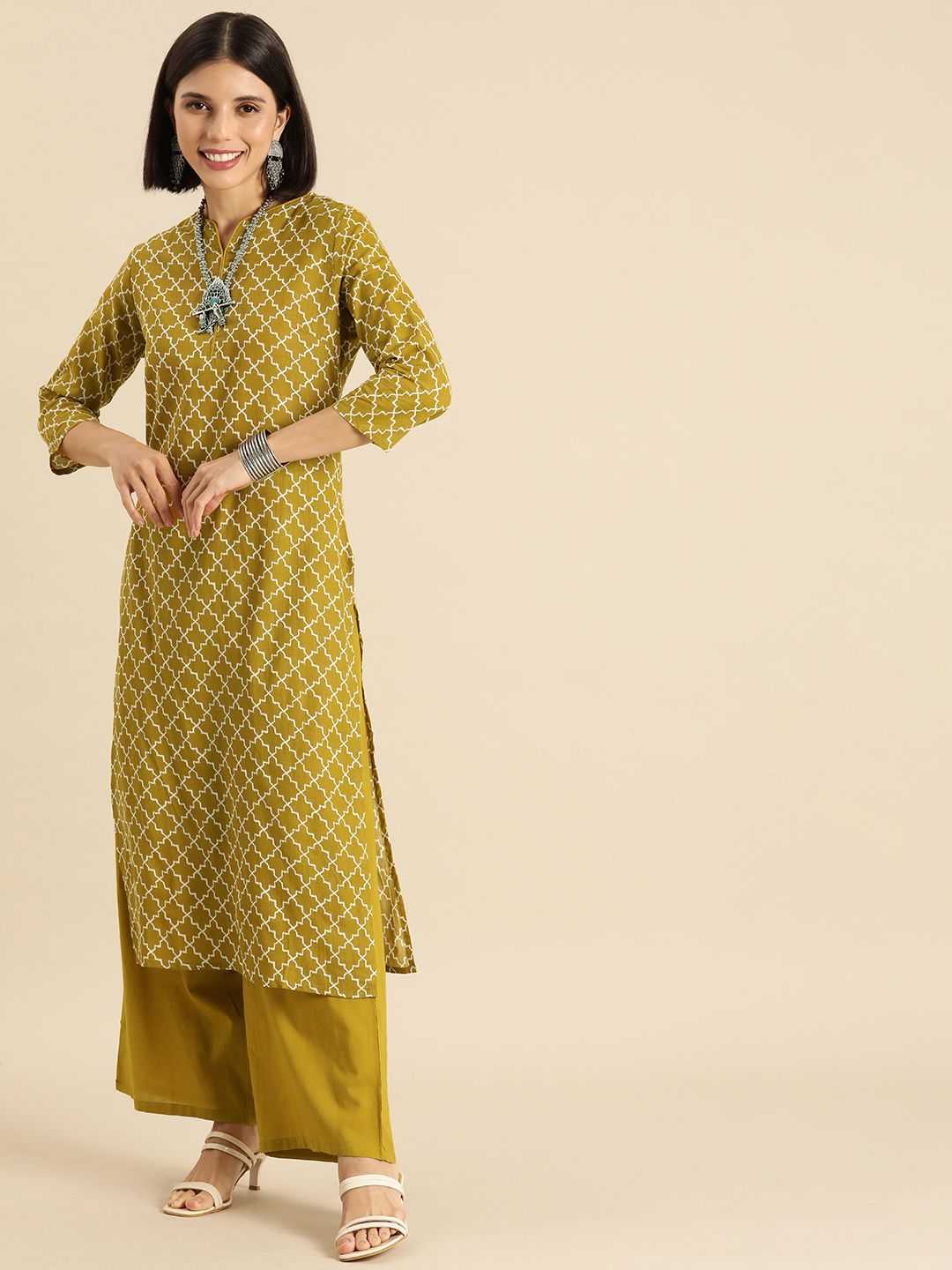 Anouk Women Olive Green & White Printed Pure Cotton Kurta Set Price in India