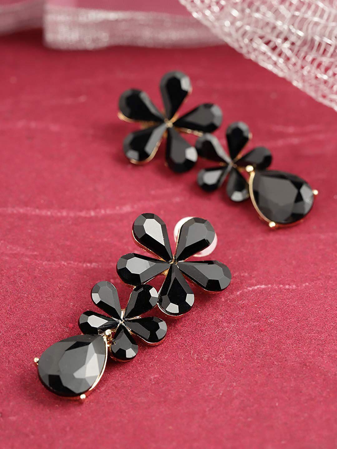 Yellow Chimes Gold-Plated Black Contemporary Drop Earrings Price in India