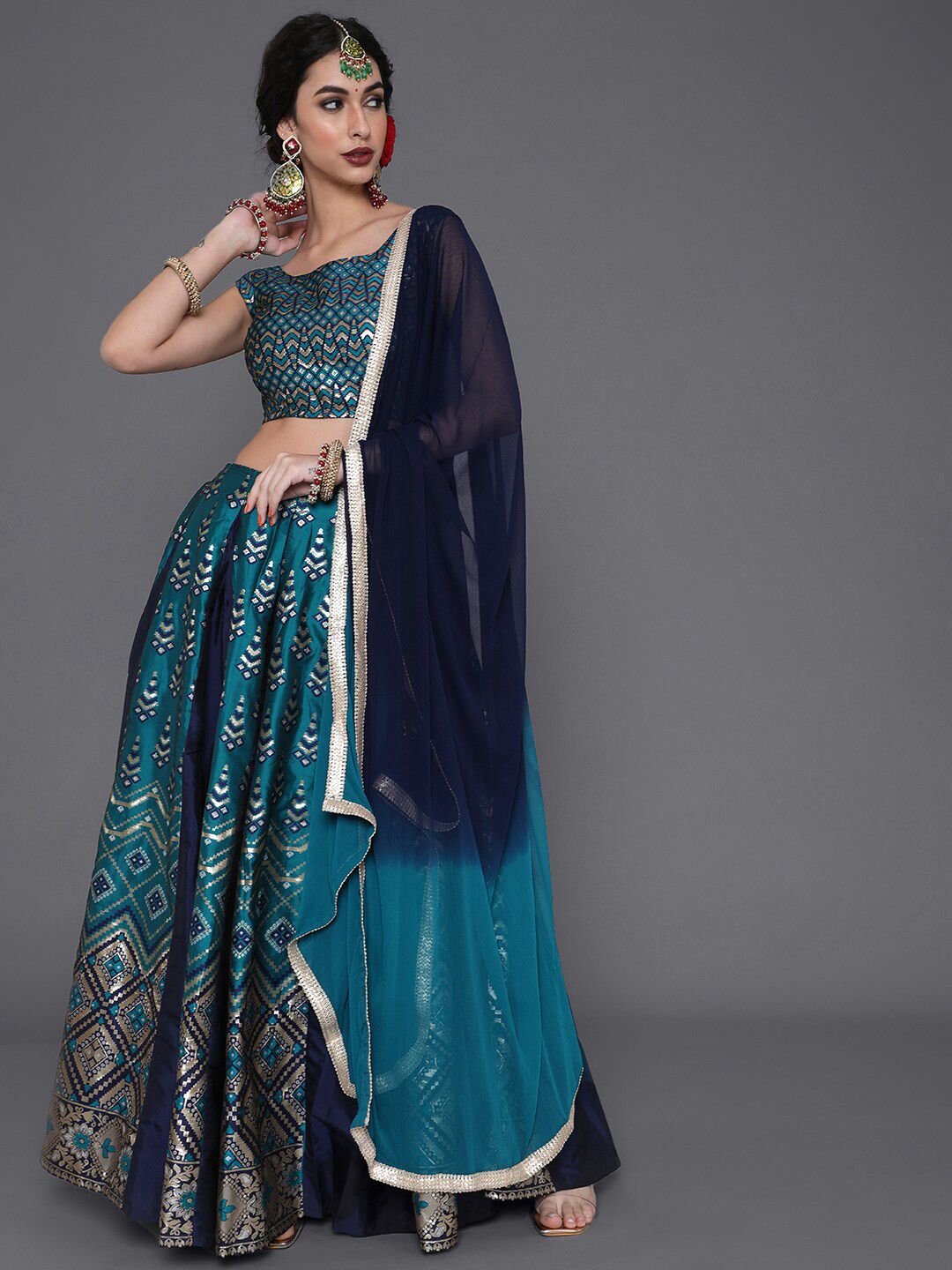 saubhagya Blue & Gold-Toned Woven Design Ready to Wear Lehenga & Blouse With Dupatta Price in India