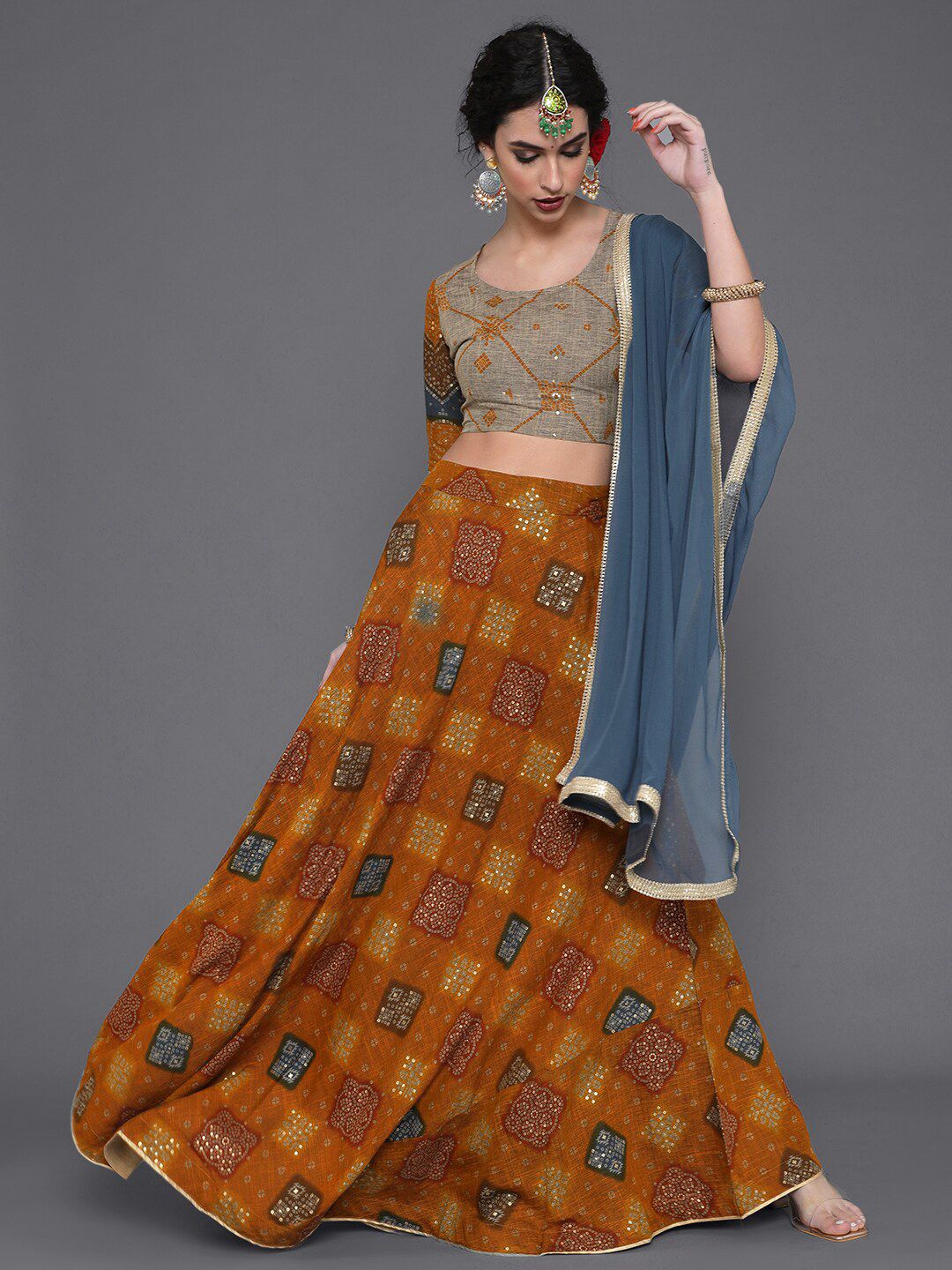 saubhagya Mustard & Blue Printed Ready to Wear Lehenga & Blouse With Dupatta Price in India