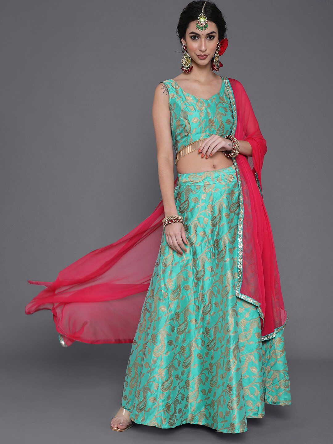 saubhagya Green & Gold-Toned Woven Design Ready to Wear Lehenga & Blouse With Dupatta Price in India