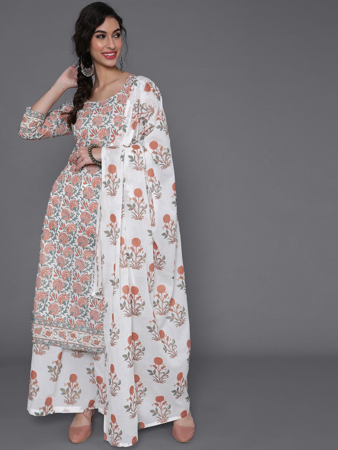 saubhagya Women White Floral Printed Pleated Pure Cotton Kurta with Palazzos & With Dupatta Price in India