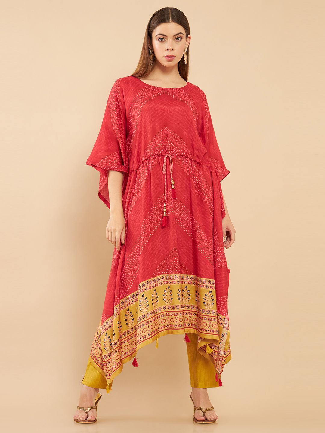 Soch Women Red Geometric Layered Kaftan Muslin Kurta With Trousers Price in India