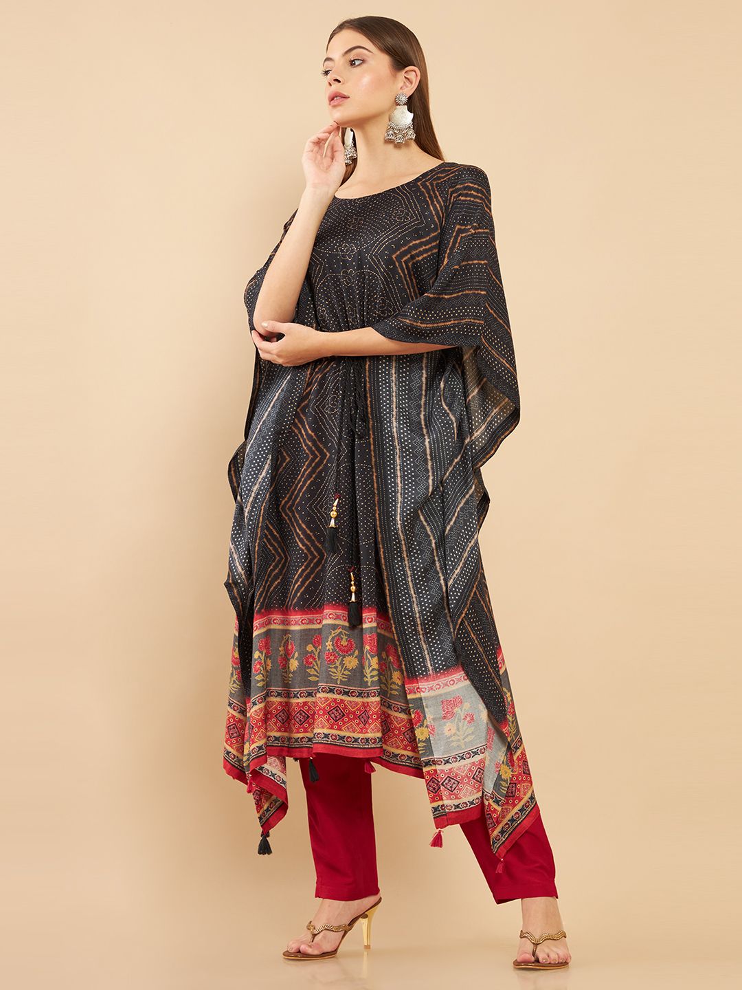 Soch Women Black Printed Pleated Muslin Kaftan Kurta with Trousers Price in India