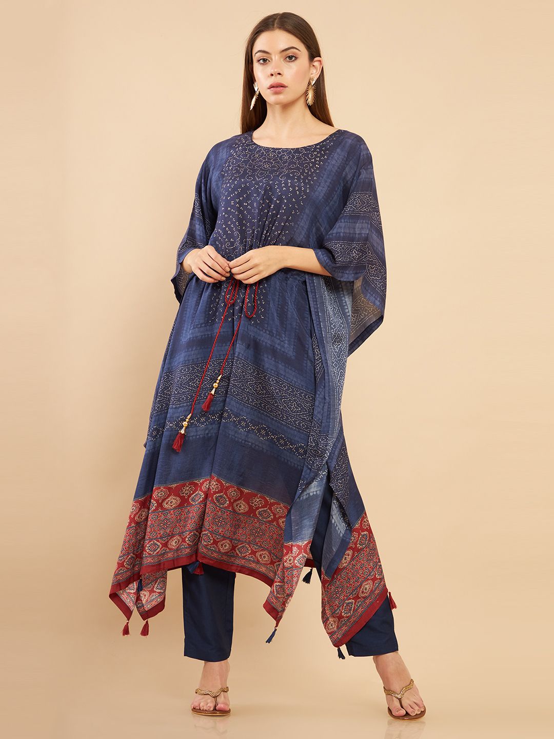 Soch Women Blue Ethnic Motifs Muslin Printed Kaftan Kurta with Trousers Price in India