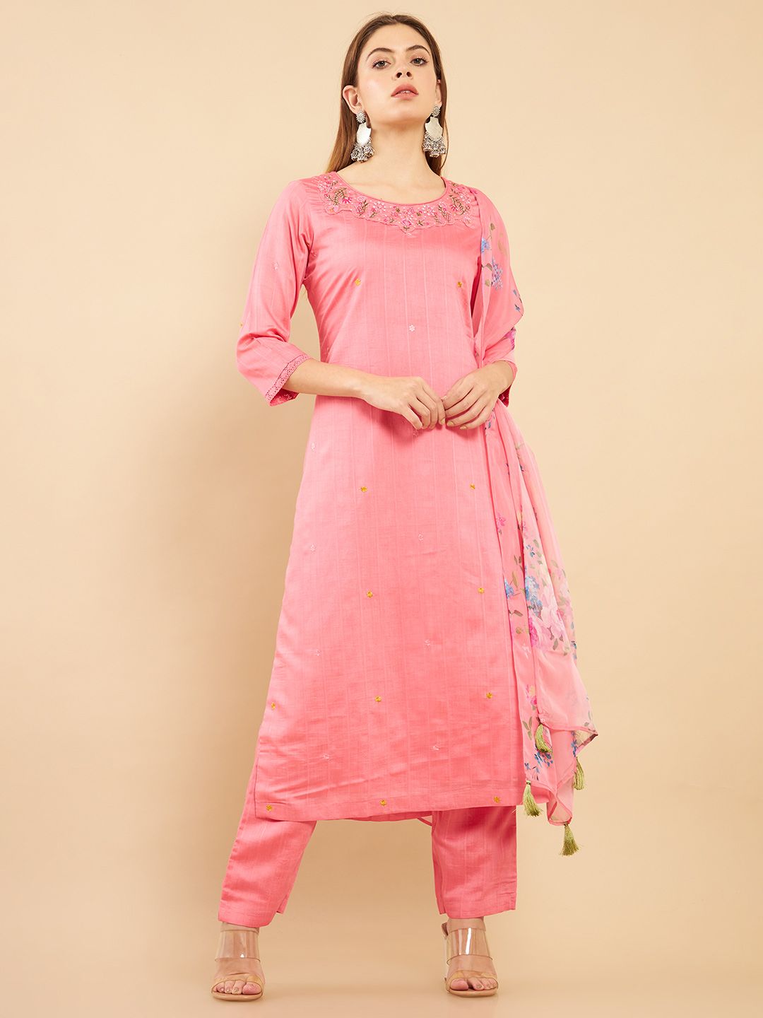 Soch Women Pink Floral Printed Yoke Design Pure Silk Kurta with Trousers & With Dupatta Price in India