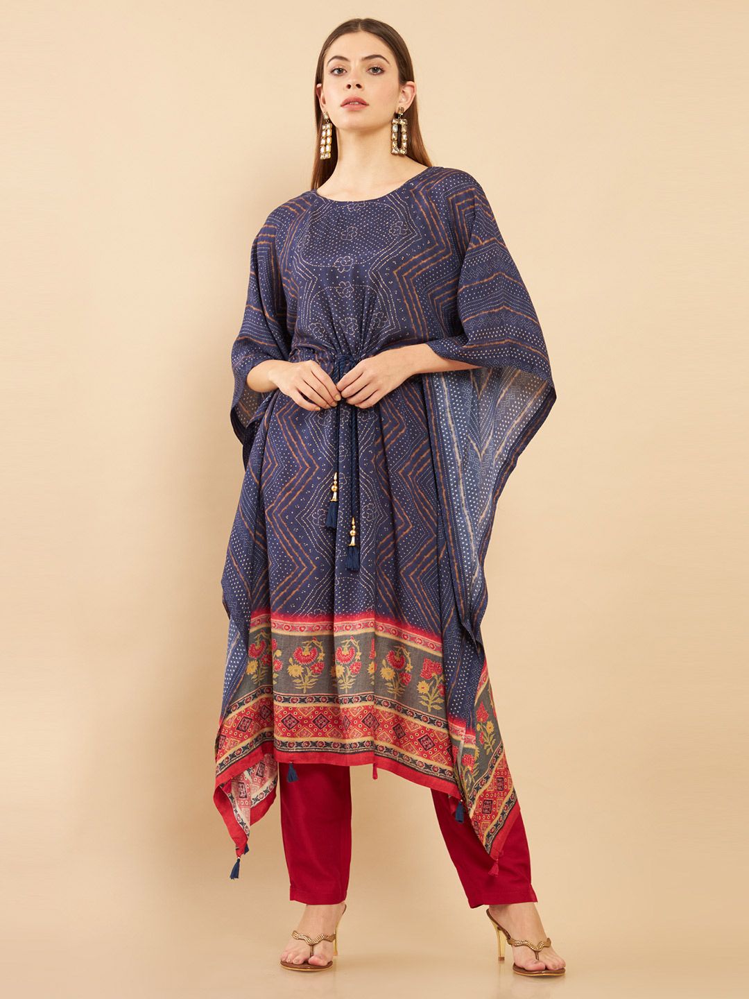 Soch Women Blue Ethnic Motifs Printed Muslin Kaftan Kurta with Trousers Price in India