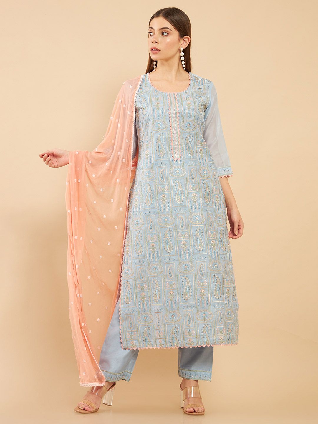 Soch Women Blue Paisley Embroidered Chanderi Silk Kurta With Trousers & Dupatta Price in India