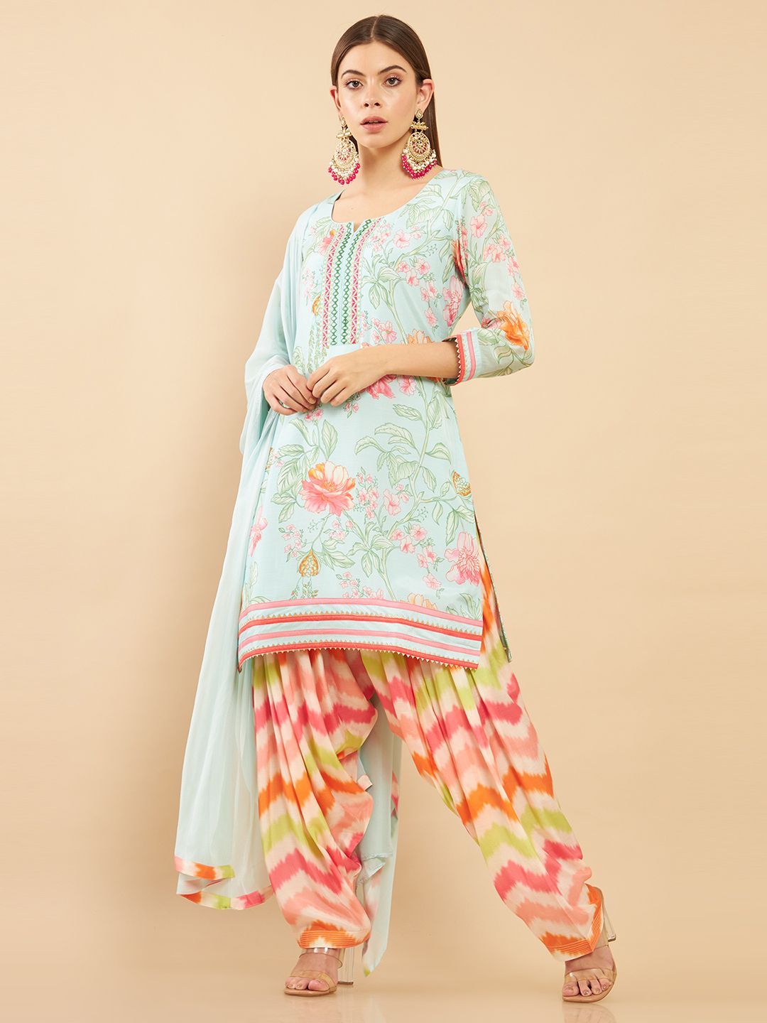 Soch Women Blue Floral Printed Muslin Kurta with Patiala & With Dupatta Price in India