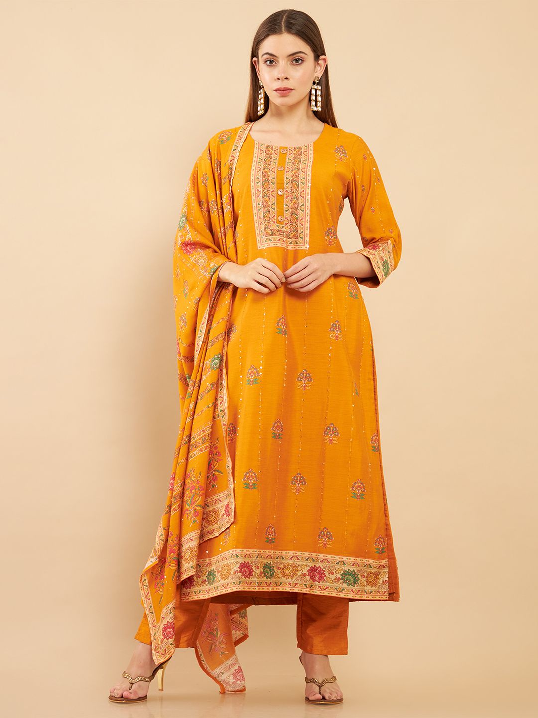 Soch Women Yellow Floral Sequinned Panelled Muslin Kurta With Trousers & Dupatta Price in India