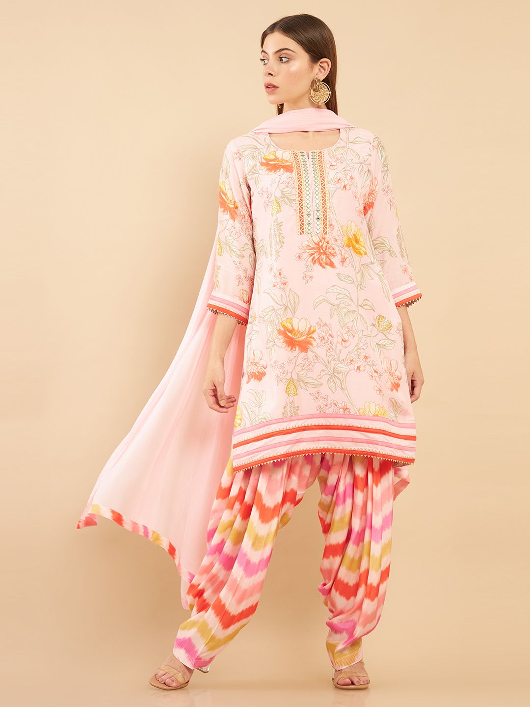 Soch Women Pink Floral Printed Straight Muslin Kurta with Patiala & Dupatta Price in India