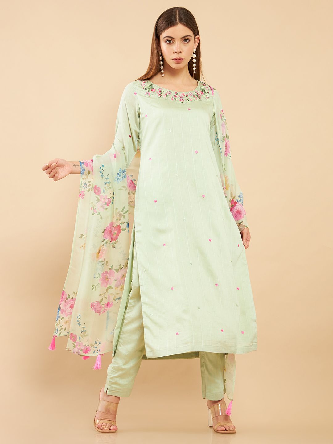 Soch Women Green & Pink Floral Printed A-Line Silk Kurta With Trousers & Dupatta Price in India