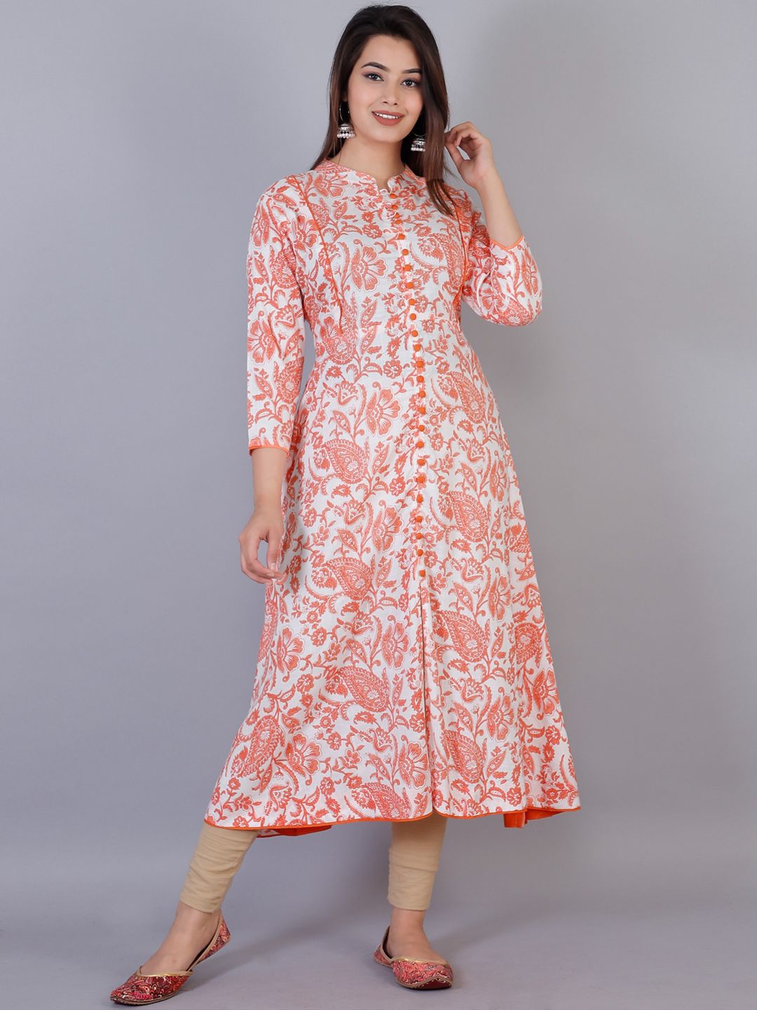 KALINI Women Orange Floral Printed Gotta Patti Anarkali Kurta Price in India