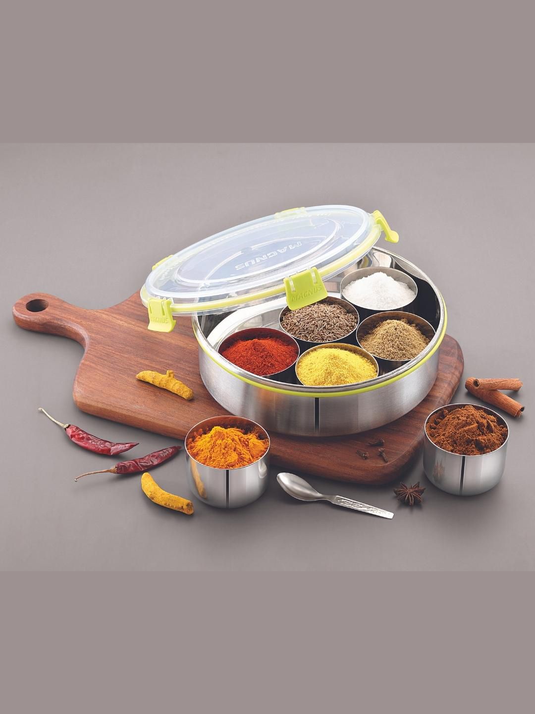 MAGNUS Silver-Toned & Yellow Stainless Steel Spice Box Price in India
