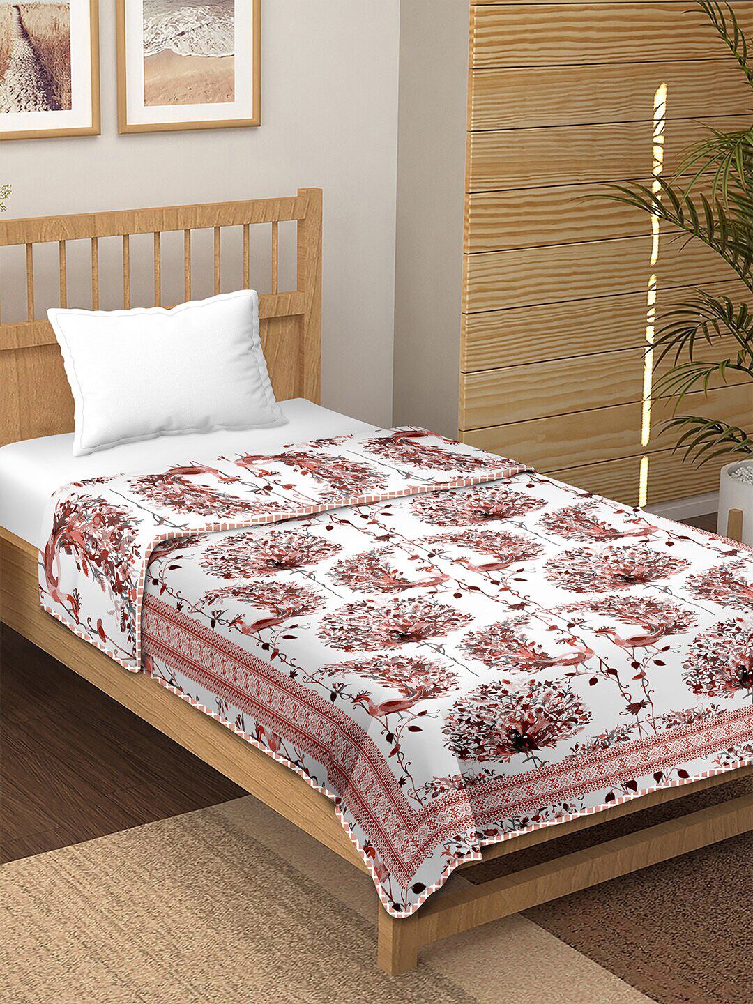 BELLA CASA White & Rust Ethnic Motifs AC Room 150 GSM Reversible Cotton Single Bed Dohar Price in India