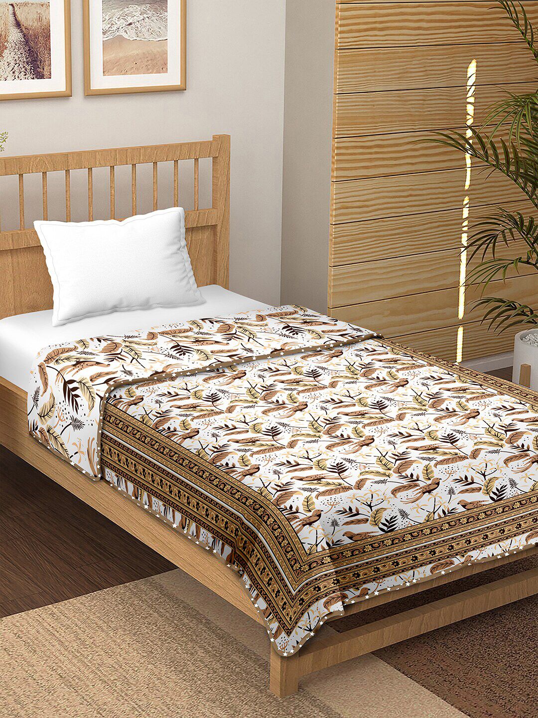 BELLA CASA Brown & White150 GSM Single Bed Cotton Floral AC Room Dohar Price in India