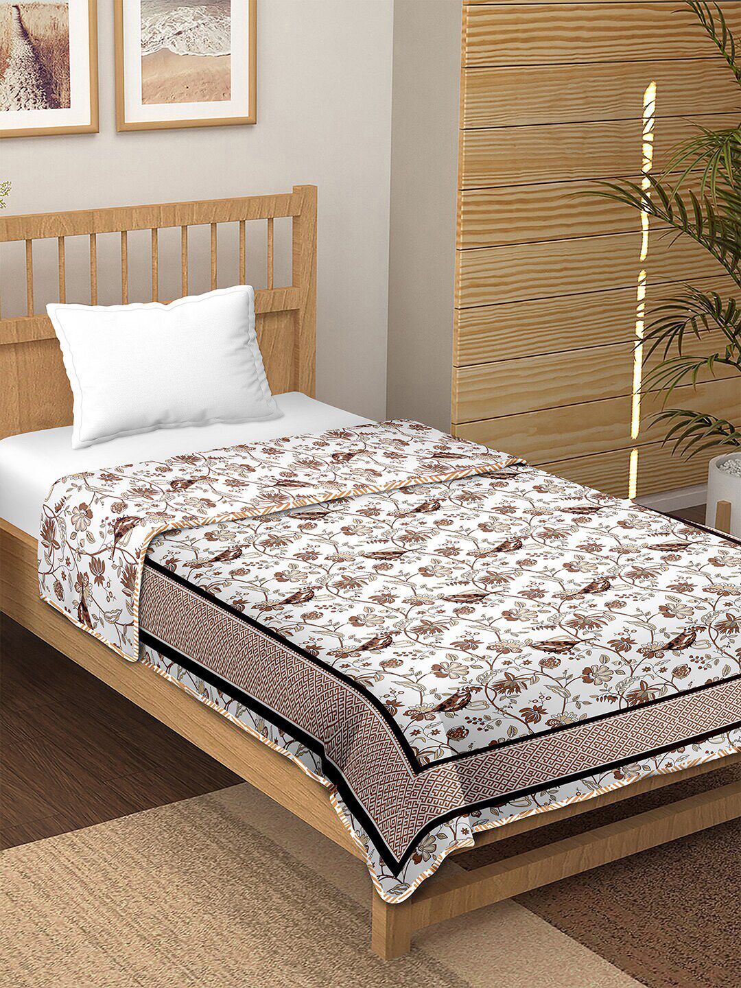 BELLA CASA Brown & White Floral AC Room 150 GSM Single Bed Reversible Cotton Dohar Price in India