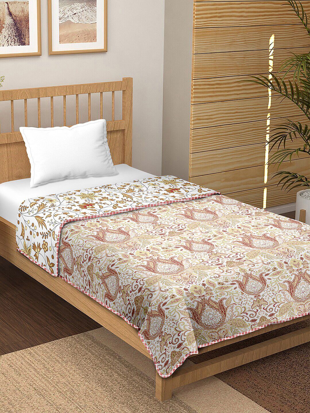 BELLA CASA White & Beige Ethnic Motifs AC Room Reversible 150 GSM Single Bed Dohar Price in India