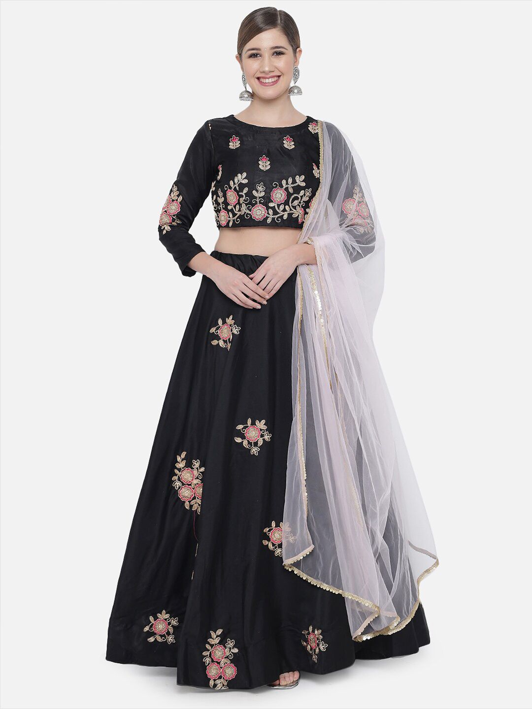 Mitera Black & Golden Embroidered Ready to Wear Lehenga & Unstitched Blouse With Dupatta Price in India