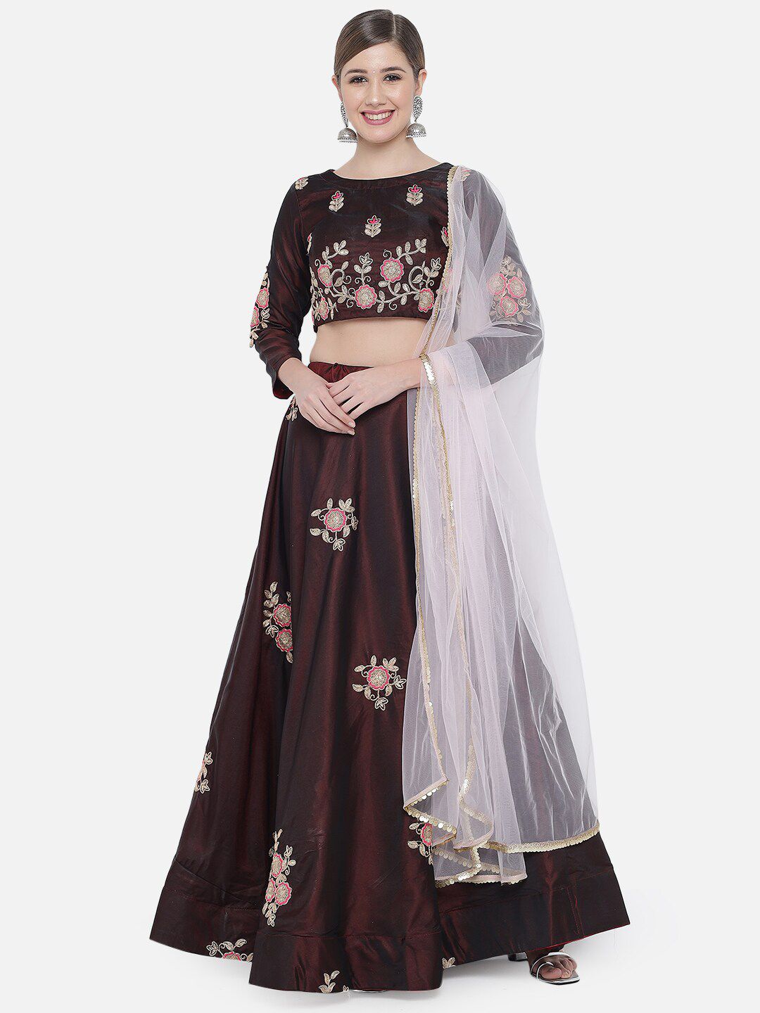 Mitera Maroon Embroidered Ready to Wear Lehenga & Unstitched Blouse With Dupatta Price in India