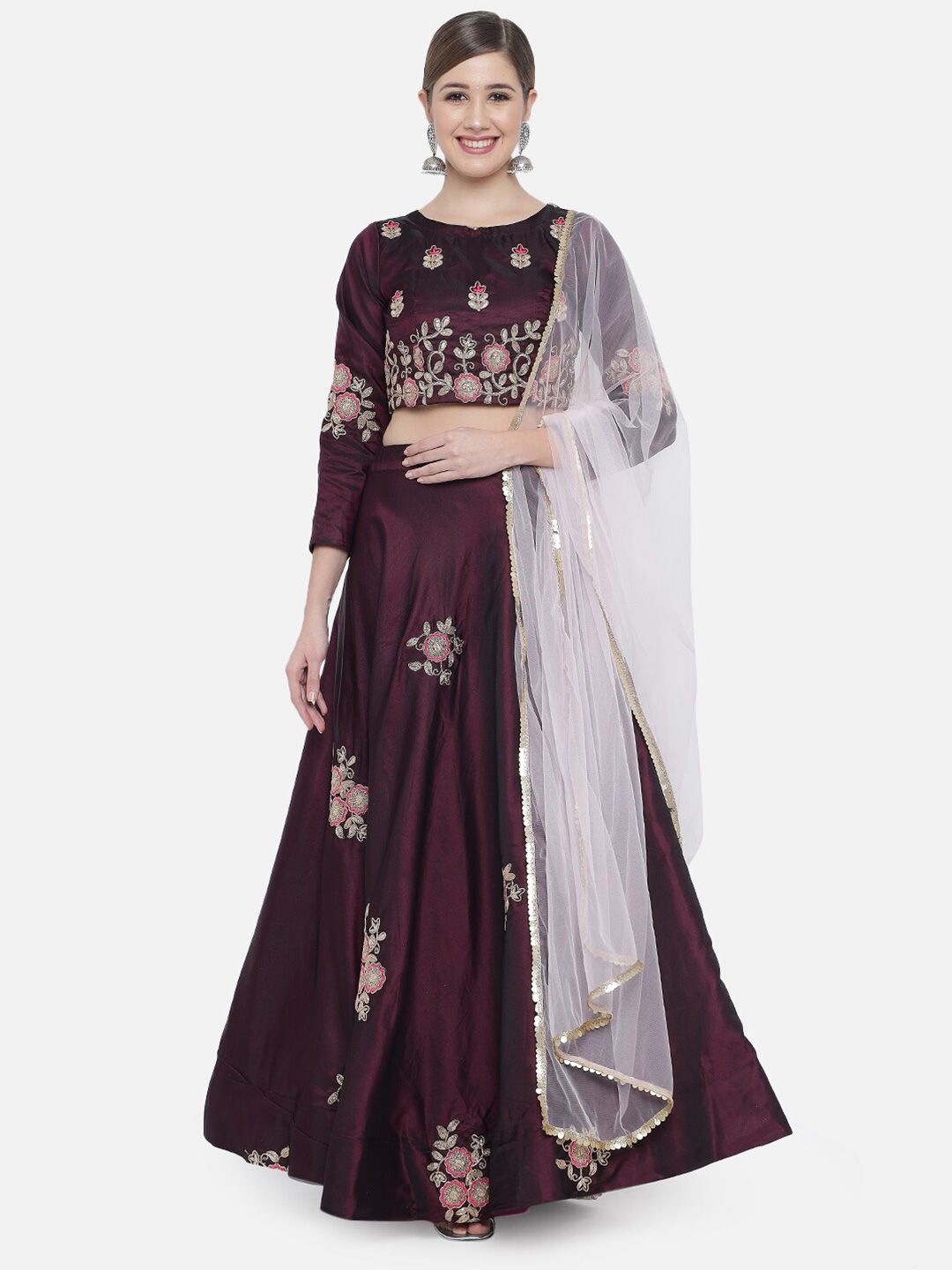Mitera Burgundy & Pink Embroidered Ready to Wear Lehenga & Unstitched Choli With Dupatta Price in India