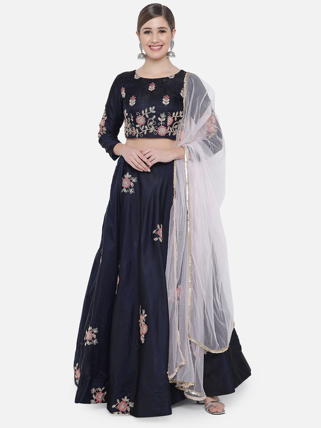 Mitera Navy Blue & White Embroidered Ready to Wear Lehenga & Unstitched Blouse With Dupatta Price in India