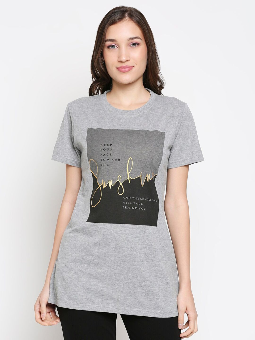 XIN Women Grey Melange Printed Cotton Lounge T-shirt Price in India