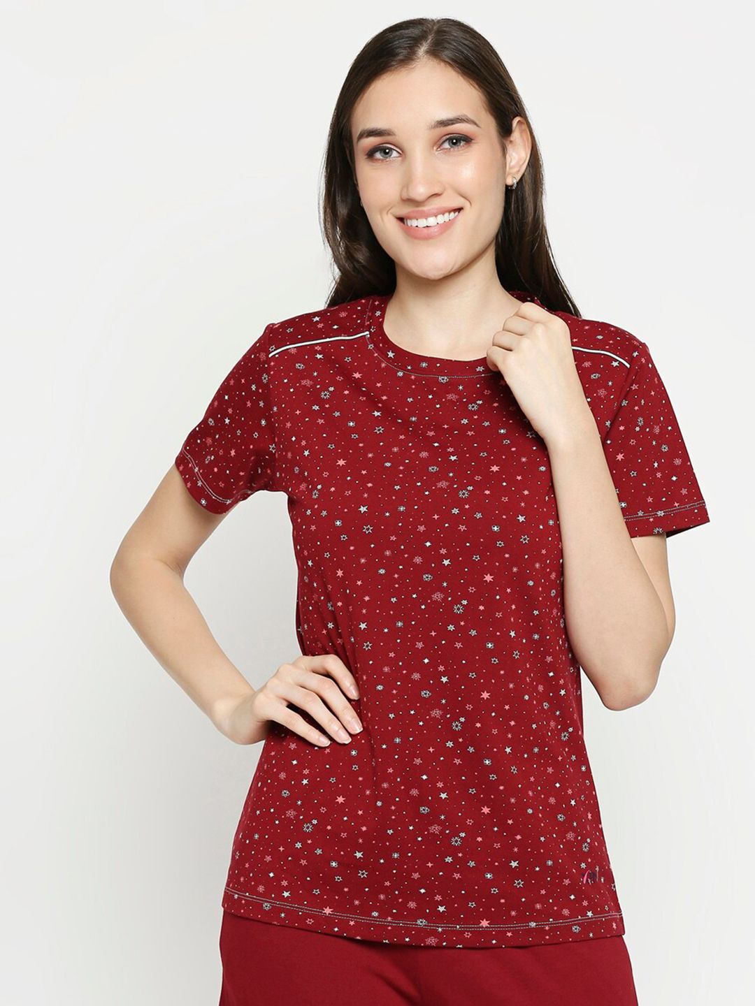 XIN Women Burgundy Printed Lounge T-shirt Price in India