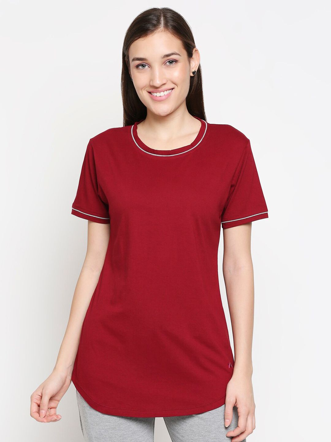 XIN Women Maroon Drop-Shoulder Sleeves Cotton Lounge T-shirt Price in India