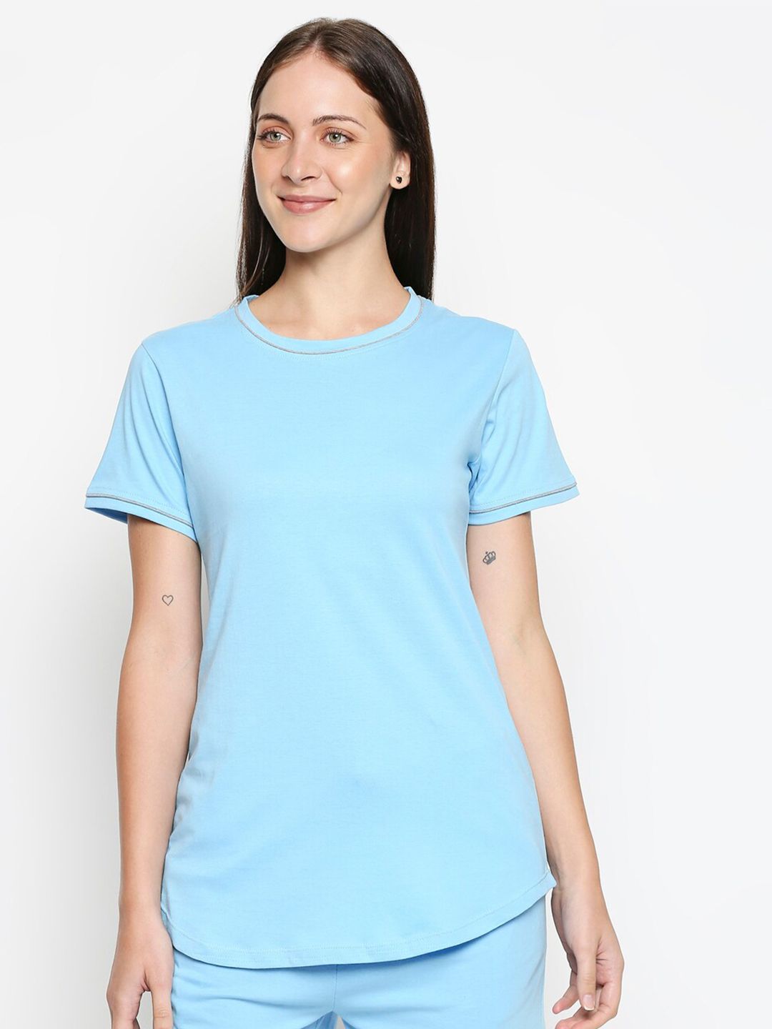 XIN Women Blue Solid Cotton Lounge T-shirt Price in India