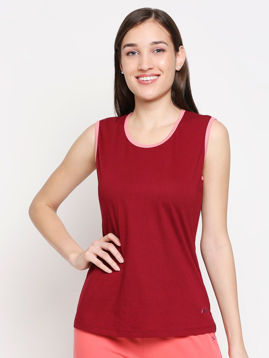 XIN Women Maroon Solid Cotton Lounge T-shirt Price in India