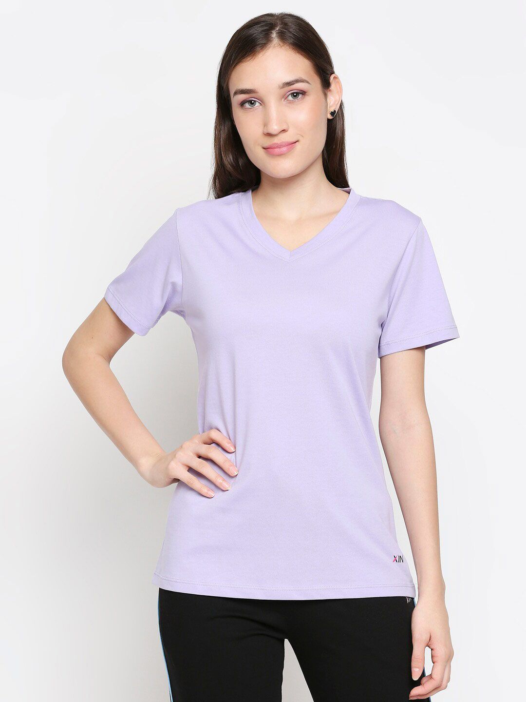 XIN Women Lavender V-Neck Cotton Lounge T-shirt Price in India