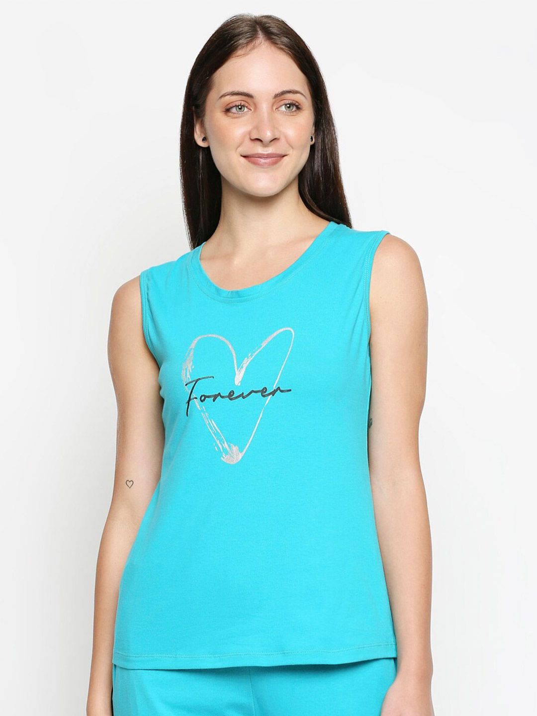 XIN Women Turquoise Blue & Black Typography Printed Cotton Lounge T-shirt Price in India