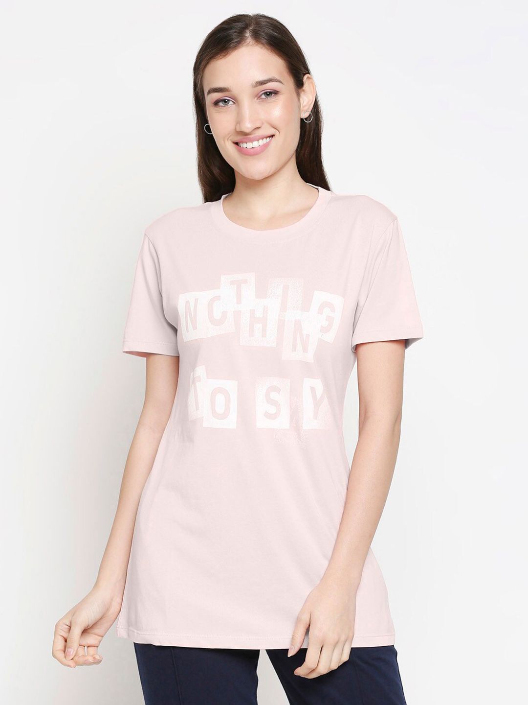 XIN Women Peach-Coloured Typography Printed Cotton Longline Lounge T-shirt Price in India