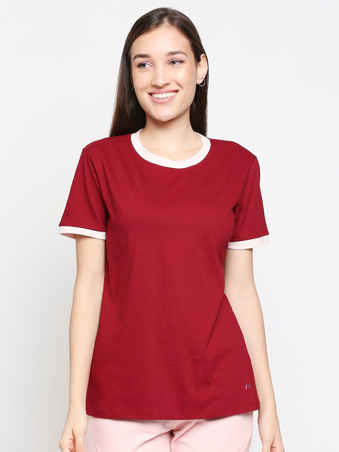 XIN Women Burgundy & White Lounge T-shirt Price in India