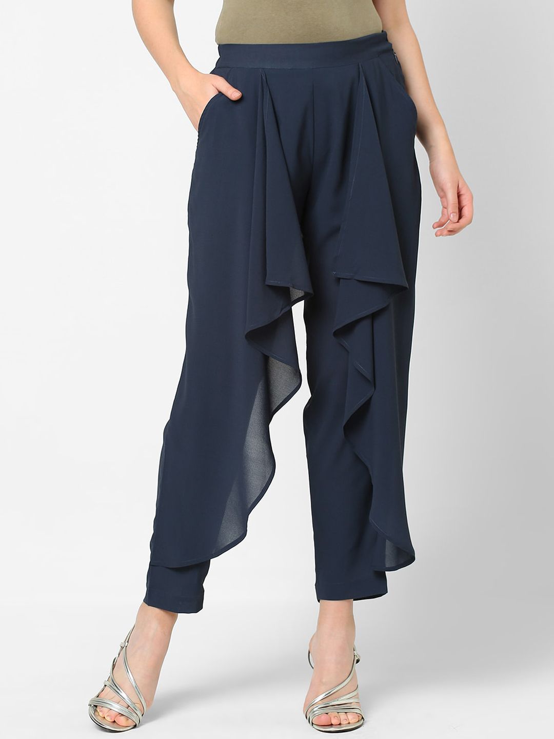 MISH Women Navy Blue Relaxed Easy Wash Trousers Price in India