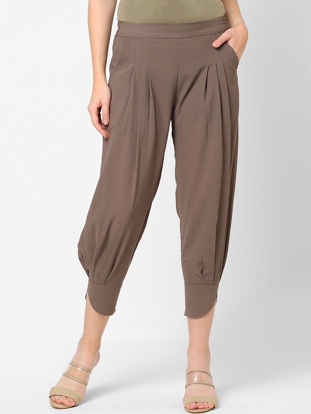 MISH Women Brown Tapered Fit Easy Wash Pleated Jodhpuri Trousers Price in India